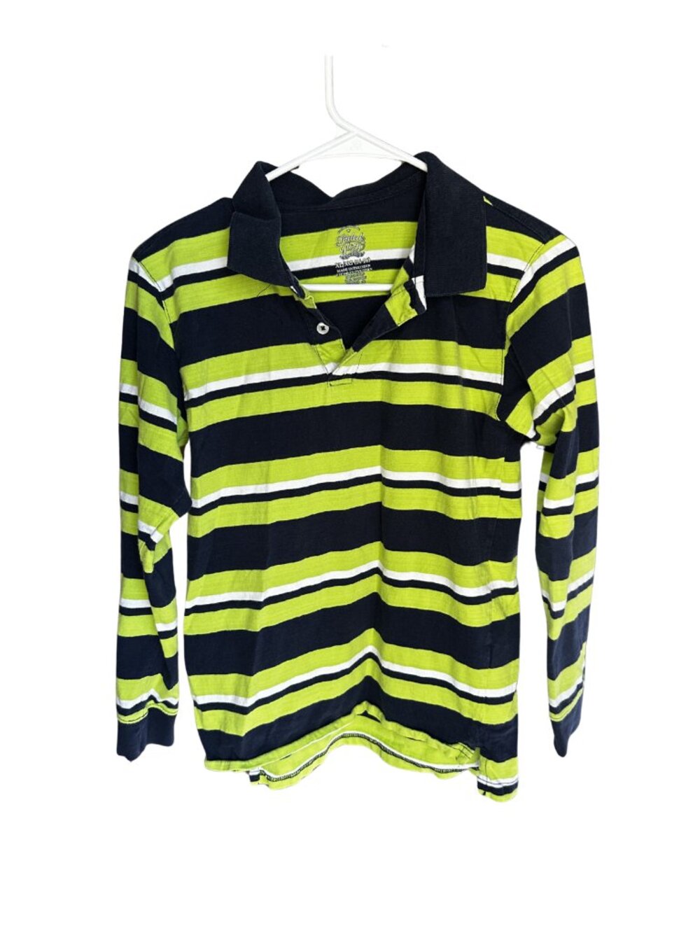 Faded Glory Boy’s Long Sleeve Striped Navy Blue/Green Polo Shirt Size XL (14-16)